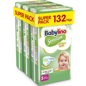 Βρεφική πάνα Babylino Sensitive Cotton Soft No5 11-16 Kg, SUPER PACK (3x44τμχ) 132τμχ+ ΔΩΡΟ Παιδικές Μπατονέτες