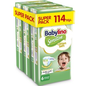 Βρεφική πάνα Babylino Sensitive Cotton Soft No6 13-18 Kg, SUPER PACK (3x38τμχ) 114τμχ + ΔΩΡΟ Παιδικές Μπατονέτες