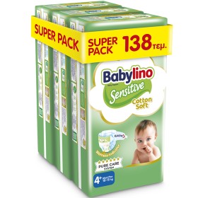 Βρεφική πάνα Babylino Sensitive Cotton Soft No4+ 10-15 Kg, SUPER PACK (3x46τμχ) 138τμχ + ΔΩΡΟ Παιδικές Μπατονέτες