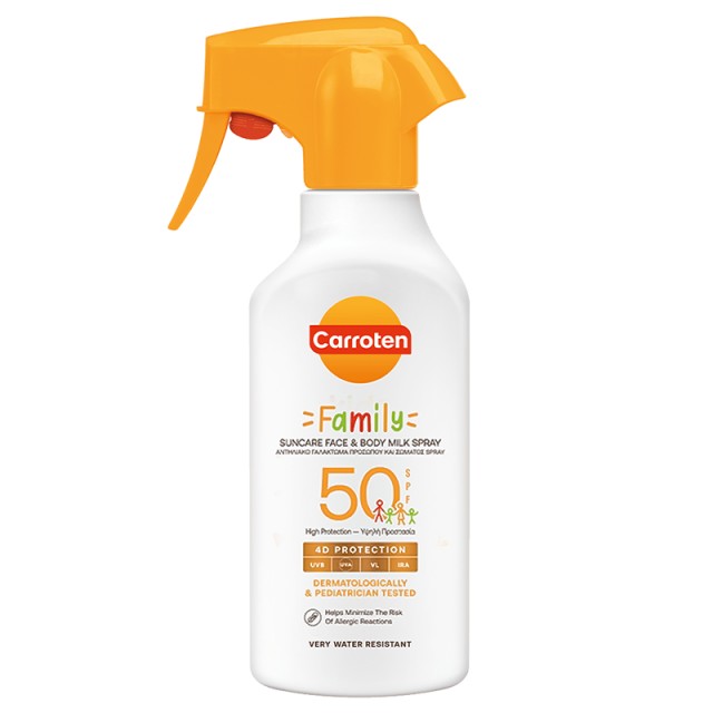 Carroten Family Suncare Face & Body Milk Spray SPF50, Αντηλιακό Σπρέι Προσώπου & Σώματος για όλη την Οικογένεια, 270ml