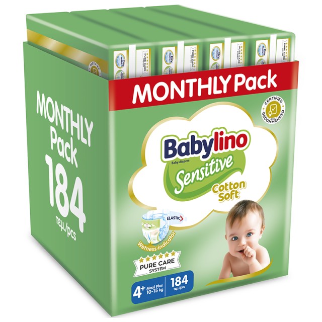 Βρεφική πάνα Babylino Sensitive Cotton Soft No4+ 10-15 Kg Monthly Pack 184 τεμ.