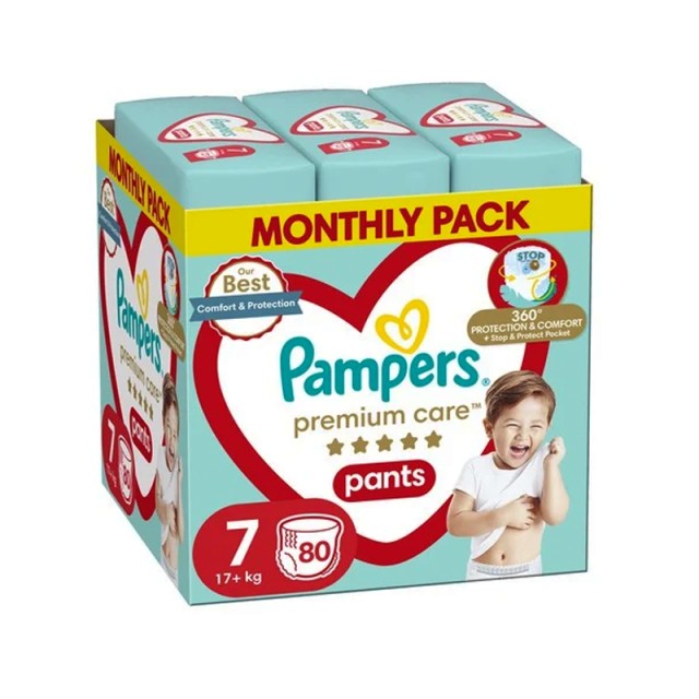 Pampers Premium Care Pants, Μέγεθος 7 (17kg+), Πάνες-Βρακάκι, Monthly Pack, 80τεμ.