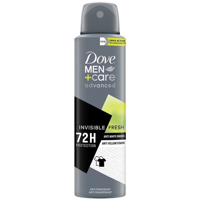 Dove Men+Care Advanced Invisible Fresh 72h, Ανδρικό Αποσμητικό Ενάντια στα Λευκά & Κίτρινα Σημάδια, 150ml