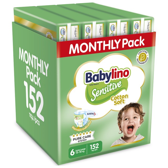 Βρεφική πάνα Babylino Sensitive Cotton Soft No6 13-18 Kg Monthly Pack 152 τεμ.