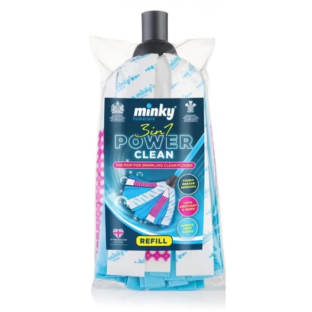 Minky Power Clean Mop, Σφουγγαρίστρα Μικροϊνών Πλενόμενη με Πτυσσόμενο Κοντάρι 3 σε 1