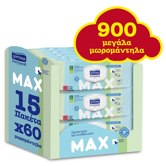 Septona Dermasoft Max Baby Wipes Μεγάλα Μωρομάντηλα, (15x60τμχ) 900τμχ MONTHLY PACK