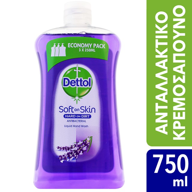 Dettol Soft on Skin Hard on Dirt Liquid Ανταλλακτικό Αντιβακτηριδιακό Υγρό Κρεμοσάπουνο Χαλαρωτικό με Λεβάντα & Σταφύλι 750ml