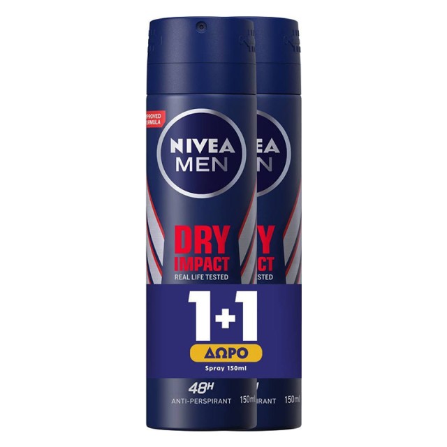 Nivea Men Dry Impact 48h, Αποσμητικό Σπρέι 2x150ml 1+1 ΔΩΡΟ