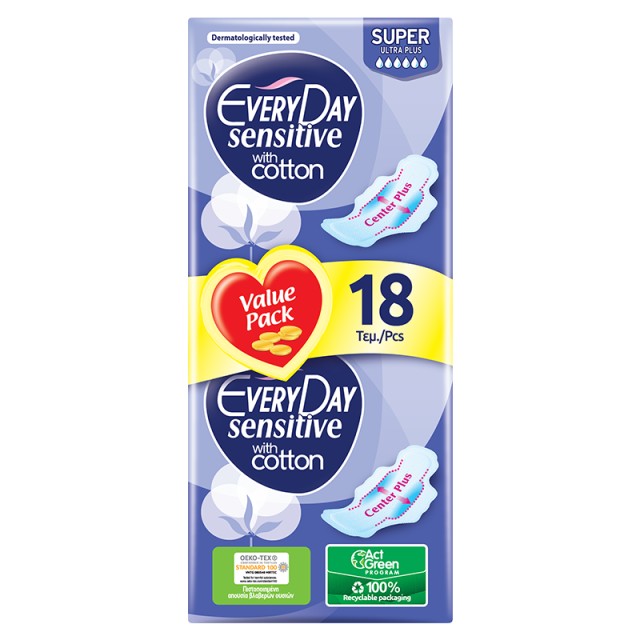 Every Day Σερβιέτες Sensitive with Cotton SUPER Ultra Plus Value Pack 18 τεμ.