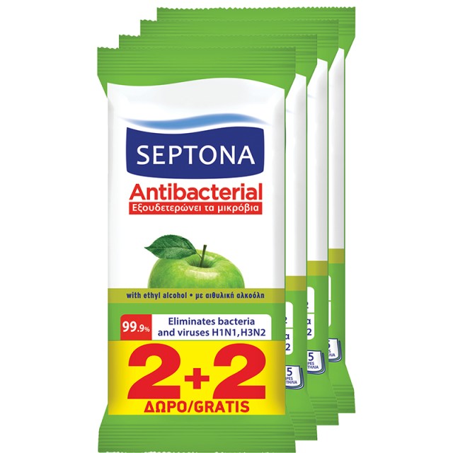 Septona Antibacterial Hand Wipes Aντιβακτηριακά Mαντηλάκια Xεριών Πράσινο Μήλο,  (2+2 Δώρο),4 x 15τεμ