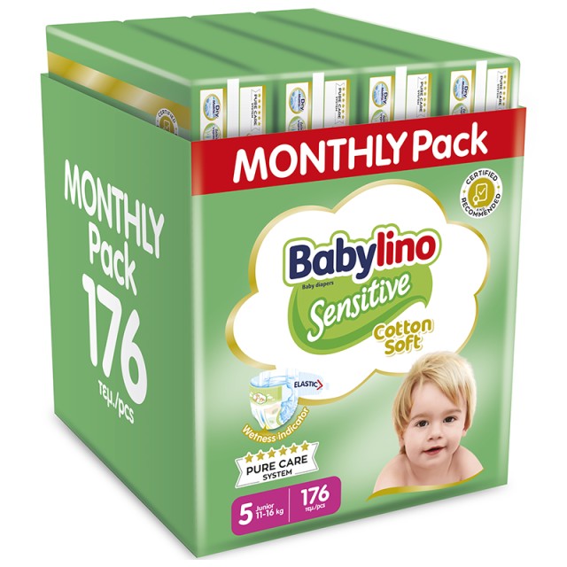 Βρεφική πάνα Babylino Sensitive Cotton Soft No5 11-16 Kg Monthly Pack 176τεμ.