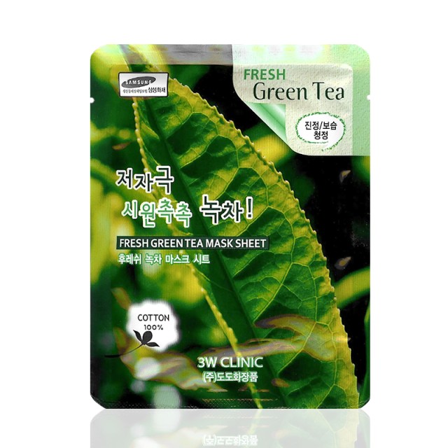 3W Clinic Fresh Green Tea Face Mask Sheet, Αντιοξειδωτική Μάσκα Λάμψης Προσώπου με Πράσινο Τσάι για Εξισορρόπηση της επιδερμίδας από το Οξειδωτικό στρες, 1τμχ