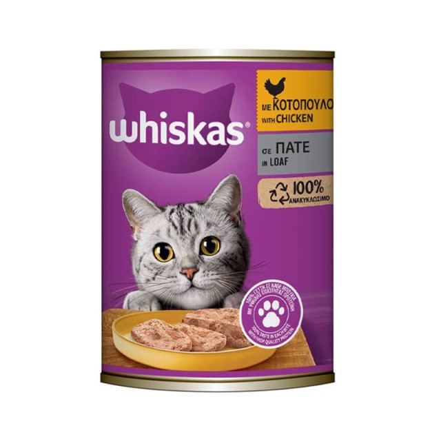 Whiskas Adult Πλήρης Υγρή Τροφή Γάτας με Κοτόπουλο Πατέ σε Κονσέρβα, 400gr