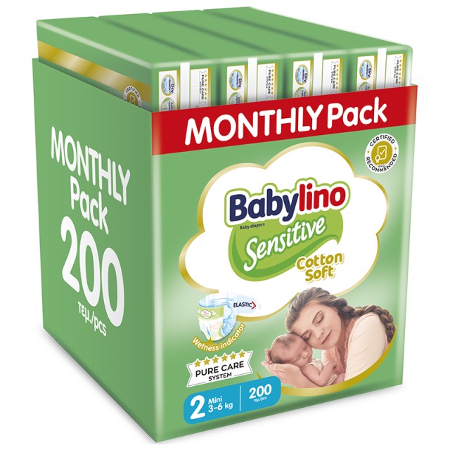 Βρεφική πάνα Babylino Sensitive Cotton Soft No2 3-6 Kg Monthly Pack 200 τεμ.