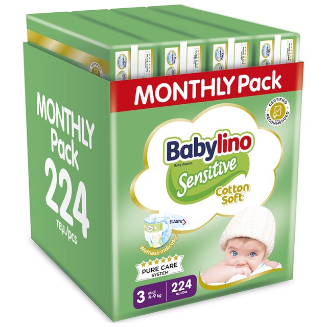 Βρεφική πάνα Babylino Sensitive Cotton Soft No3 4-9 Kg Monthly Pack 224 τεμ.