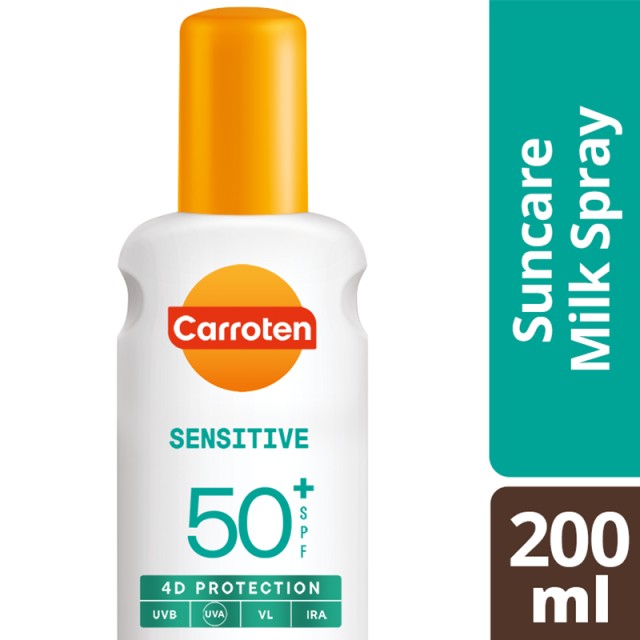 Carroten Sensitive Suncare Milk Spray SPF50+, Αντηλιακό Γαλάκτωμα Σπρέι Σώματος Πολύ Υψηλής Προστασίας 200ml