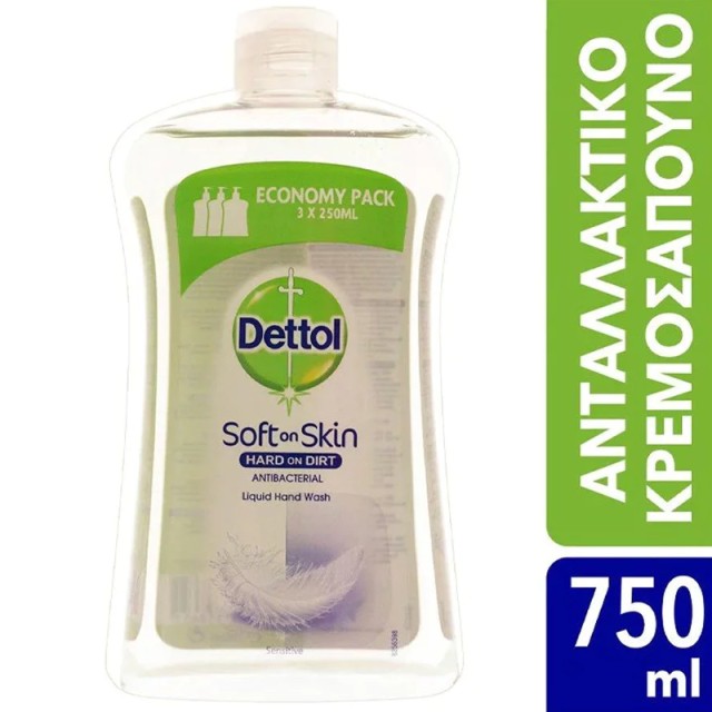 Dettol Liquid Soap Sensitive Refill, Ανταλλακτικό Αντιβακτηριδιακό Υγρό Κρεμοσάπουνο Χεριών για Ευαίσθητες Επιδερμίδες 750ml