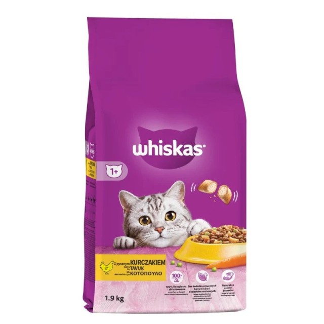 Whiskas Adult, Πλήρης Ξηρά Τροφή για Γάτες Κροκέτες με Κοτόπουλο, 1.9kg