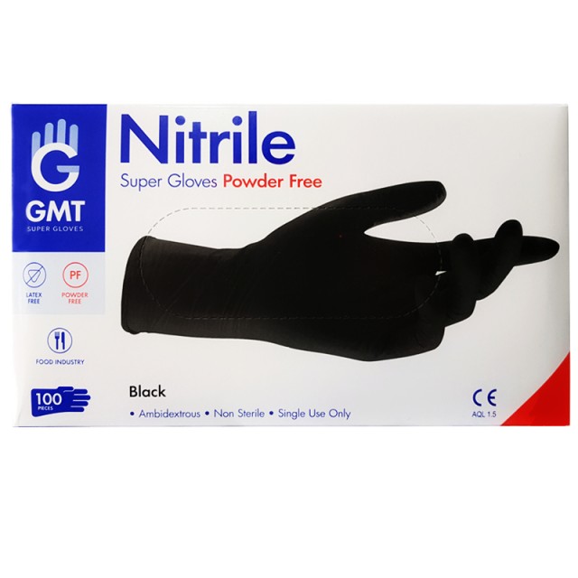 GMT Super Gloves Γάντια Νιτριλίου Χωρίς Πούδρα Χρώμα Μαύρο Μέγεθος Large, 100 Τεμάχια