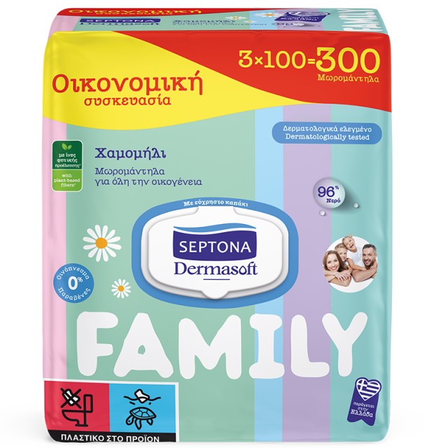 Septona Dermasoft Family Μωρομάντηλα για όλη την οικογένεια, 3x100τμχ, 300τμχ