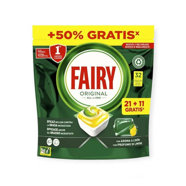 Fairy All in One Original Λεμόνι, Κάψουλες Πλυντηρίου Πιάτων, 21+11, 32 κάψουλες