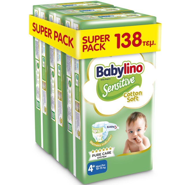 Βρεφική πάνα Babylino Sensitive Cotton Soft No4+ 10-15 Kg, SUPER PACK (3x46τμχ) 138τμχ + ΔΩΡΟ Παιδικές Μπατονέτες