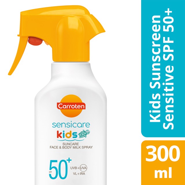 Carroten Sensicare Kids Suncare Face & Body Milk Spray SPF50+, Παιδικό Αντηλιακό Γαλάκτωμα Προσώπου & Σώματος με Αντλία 300ml