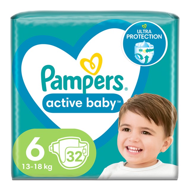 Pampers Active Baby Πάνα Μέγεθος 6 (13kg - 18kg), 32 πάνες