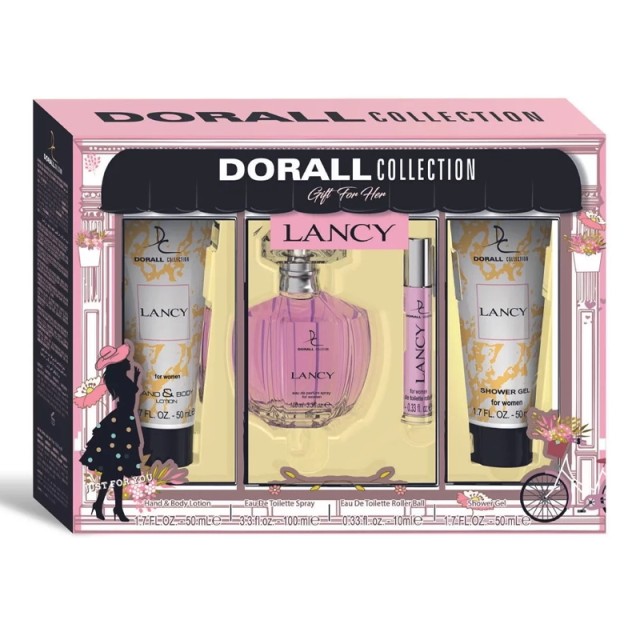 Dorall Collection Lancy Gift For Her, Σετ Δώρου Γυναικείο Άρωμα Eau De Toilette 100ml & EDT Roller Ball 10ml, Hand & Body Lotion 50ml & Shower Gel 50ml