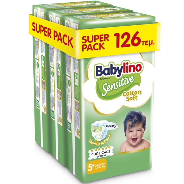 Βρεφική πάνα Babylino Sensitive Cotton Soft No5+ 12-17 Kg, SUPER PACK (3x42τμχ) 126τμχ + ΔΩΡΟ Παιδικές Μπατονέτες