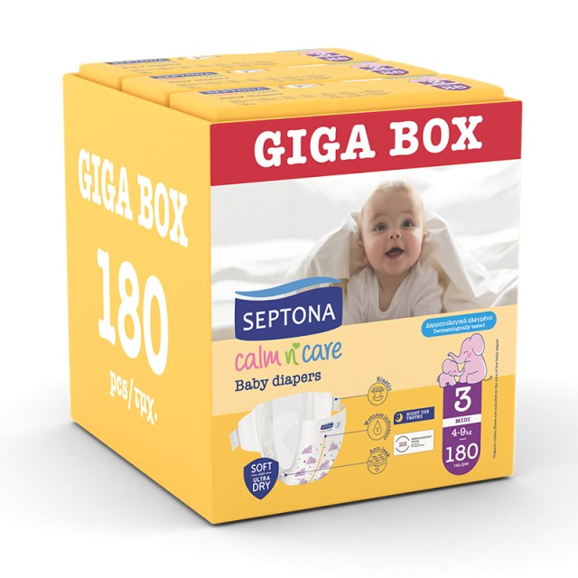 Septona Calm N Care Πάνες Midi No 3 (4-9Kg) 180τμχ (3x60τμχ) GIGA BOX