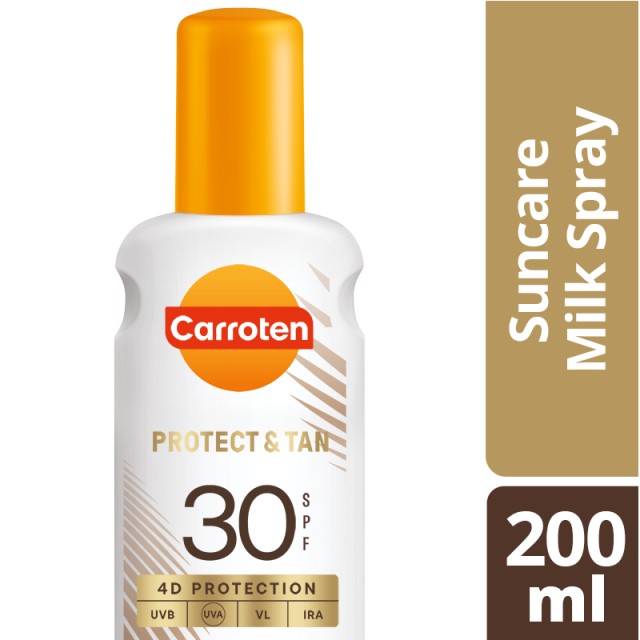 Carroten Protect & Tan Suncare Milk Spray SPF30, Αντηλιακό Σπρέι Σώματος με Ενισχυτικά Μαυρίσματος. 200ml