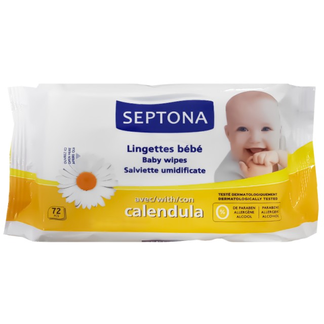 Septona Baby Wipes Calendula 0% Alcohol, Μωρομάντηλα Υποαλλεργικά με Καταπραϋντική Καλέντουλα, 72τμχ