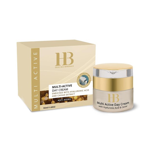 H.B. Multi Active Day Cream, Πολυδραστική Κρέμα Ημέρας με Υαλουρονικό Οξύ, Χαβιάρι, Μεταλλικά Στοιχεία της Νεκράς Θάλασσας, Εκχύλισμα Μαργαριταριού, Ελαιόλαδο, Αλόη, Χαμομήλι & Φίλτρα UV, 50ml