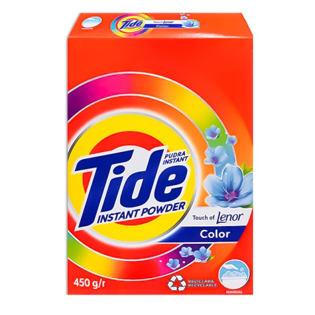 Tide Instant Powder & Touch of Lenor Color, Απορρυπαντικό σε σκόνη για Πλύσιμο στο Χέρι για κανονικά & Χρωματιστά Ρούχα, 450g