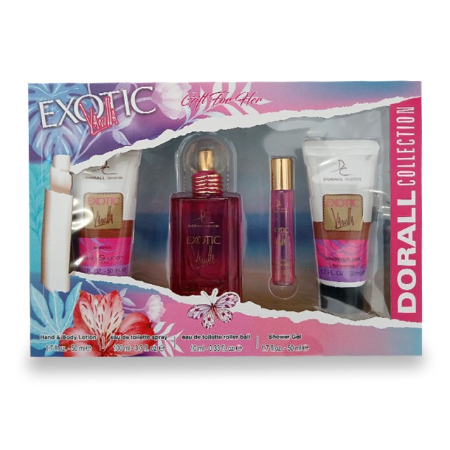 Dorall Collection Exotic Vanilla Gift For Her, Σετ Δώρου Γυναικείο Άρωμα Eau De Toilette 100ml & EDT Roller Ball 10ml, Hand & Body Lotion 50ml & Shower Gel 50ml