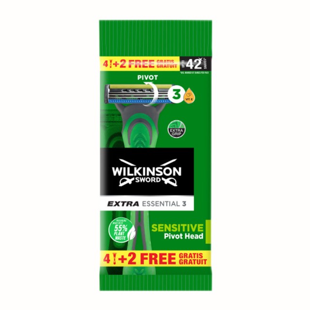 Wilkinson Sword Extra 3 Essential Sensitive Aloe Vera 4+2, Ξυραφάκια Μίας Χρήσης με Λιπαντική Ταινία, 4+2 Δώρο