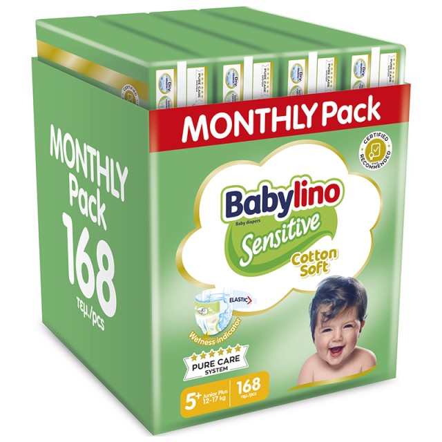 Βρεφική πάνα Babylino Sensitive Cotton Soft No5+ 12-17 Kg Monthly Pack 168 τεμ.