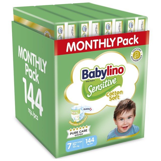 Βρεφική πάνα Babylino Sensitive Cotton Soft No7 15+ Kg Monthly Pack 144 τεμ.