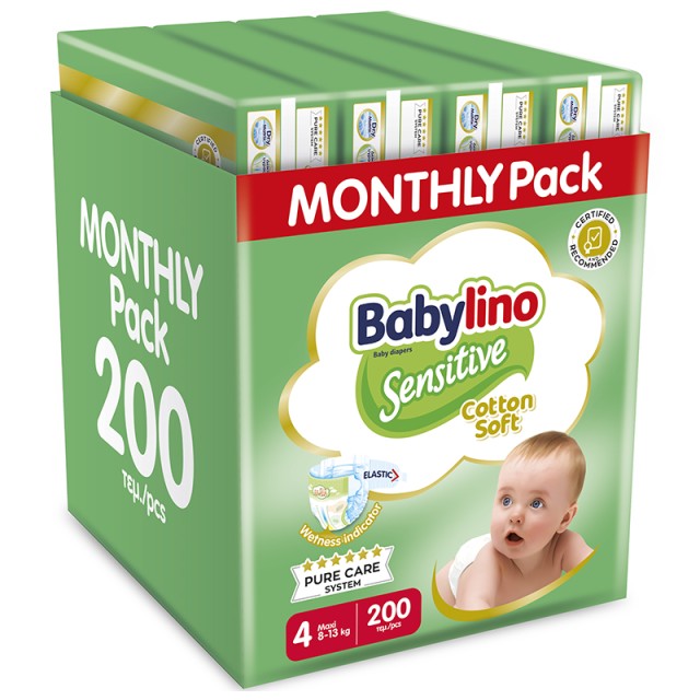 Βρεφική πάνα Babylino Sensitive Cotton Soft No4 8-13 Kg Monthly Pack 200 τεμ