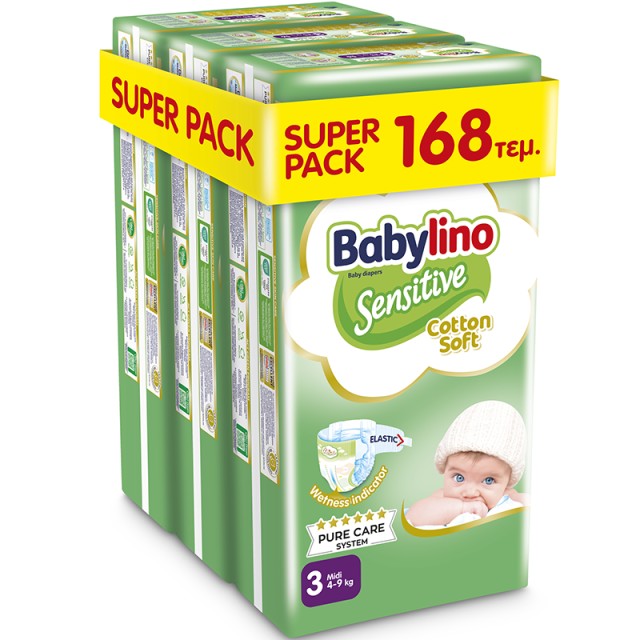 Βρεφική πάνα Babylino Sensitive Cotton Soft No3 4-9 Kg, SUPER PACK (3x56τμχ) 168τμχ + ΔΩΡΟ Παιδικές Μπατονέτες