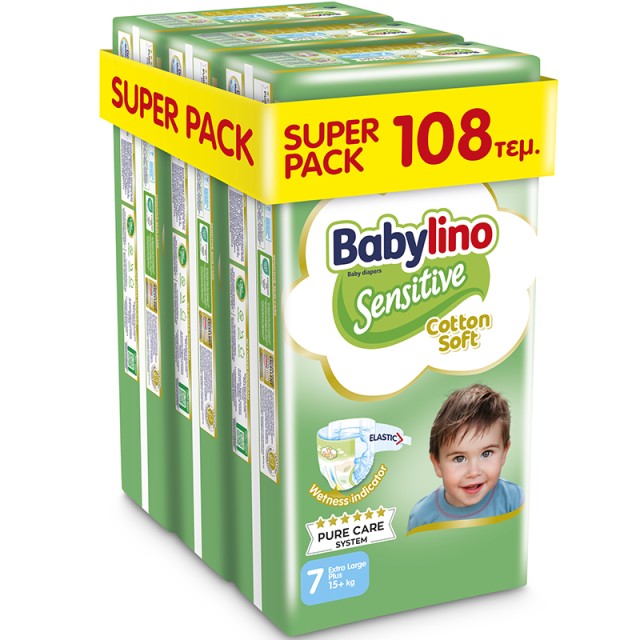 Βρεφική πάνα Babylino Sensitive Cotton Soft No7 15+ Kg, SUPER PACK (3x36τμχ) 108τμχ + ΔΩΡΟ Παιδικές Μπατονέτες