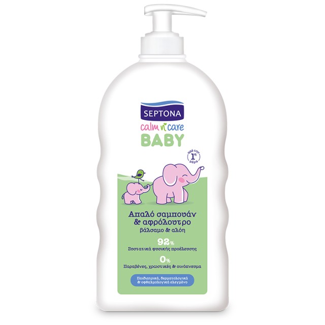 Septona Baby Calm n Care, Απαλό Βρεφικό Σαμπουάν & Αφρόλουτρο Με Βάλσαμο & Αλόη, 500ml