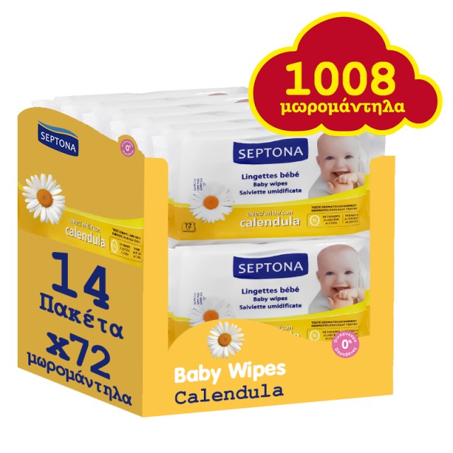 Septona Baby Wipes Calendula 0% Alcohol, Μωρομάντηλα Υποαλλεργικά με Καταπραϋντική Καλέντουλα, (14x72τμχ) 1008τμχ Monthly Pack